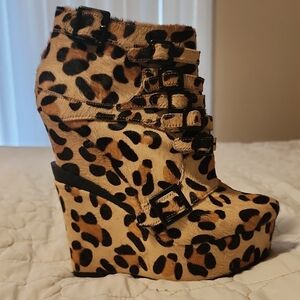Michael Antonio Brown and Black Wedge Ankle Boots with Leopard Print